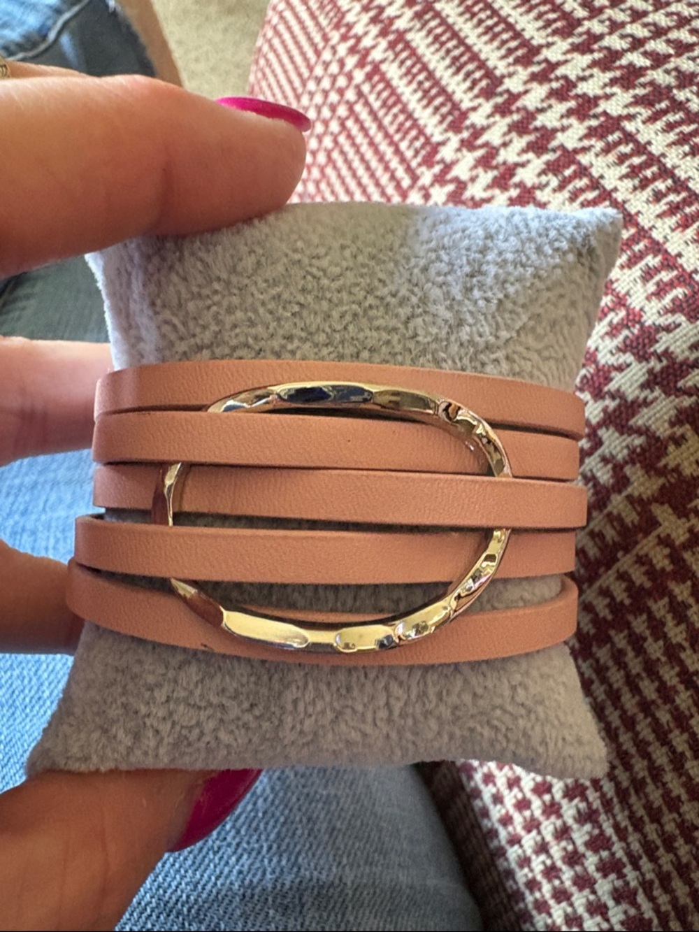 Pink Multi-Strand Leather Wrap Bracelet with Silver Accent